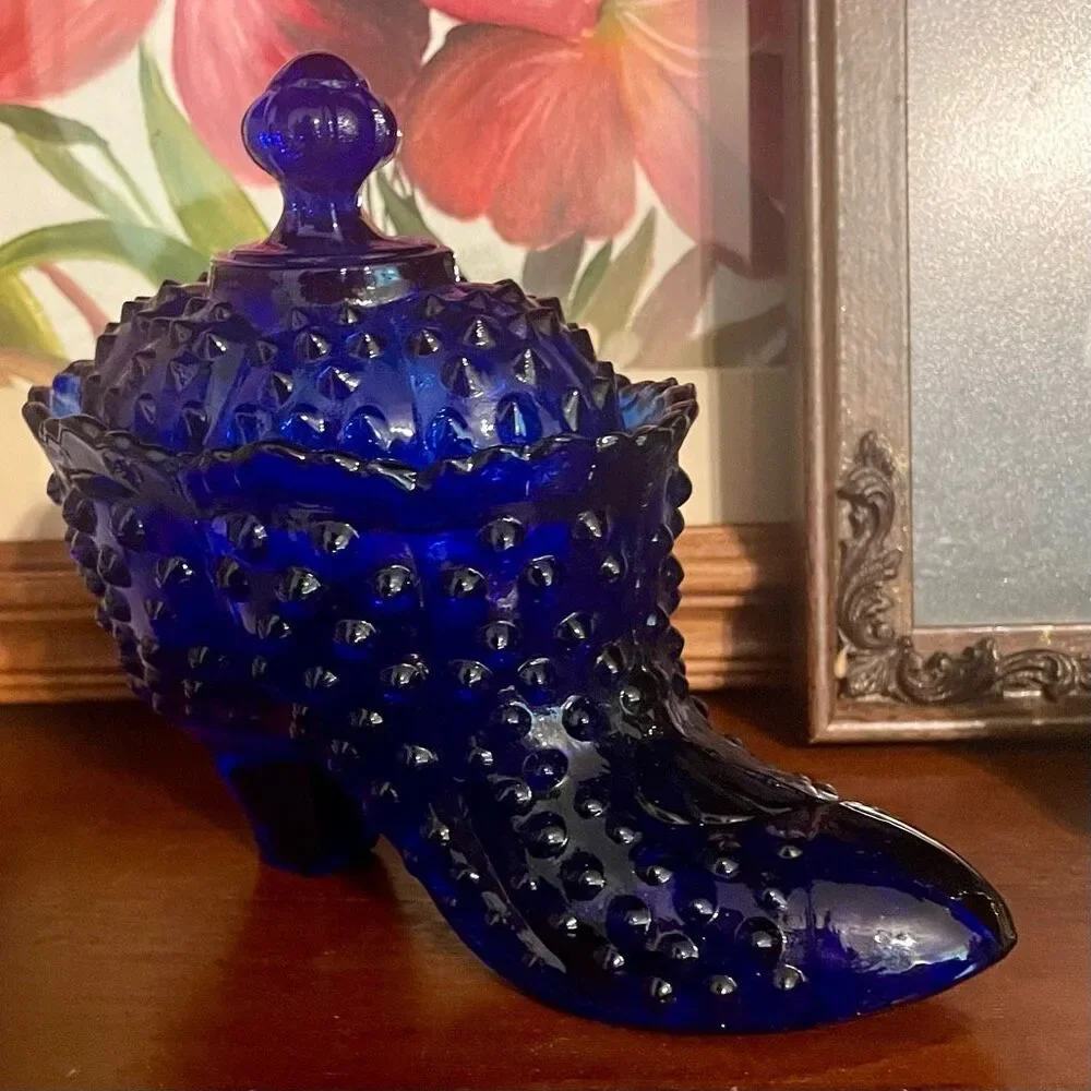 Vintage Fenton Cobalt Blue Victorian Style Glass Hobnail Boot Shoe Covered Candy - Picture 5 of 7